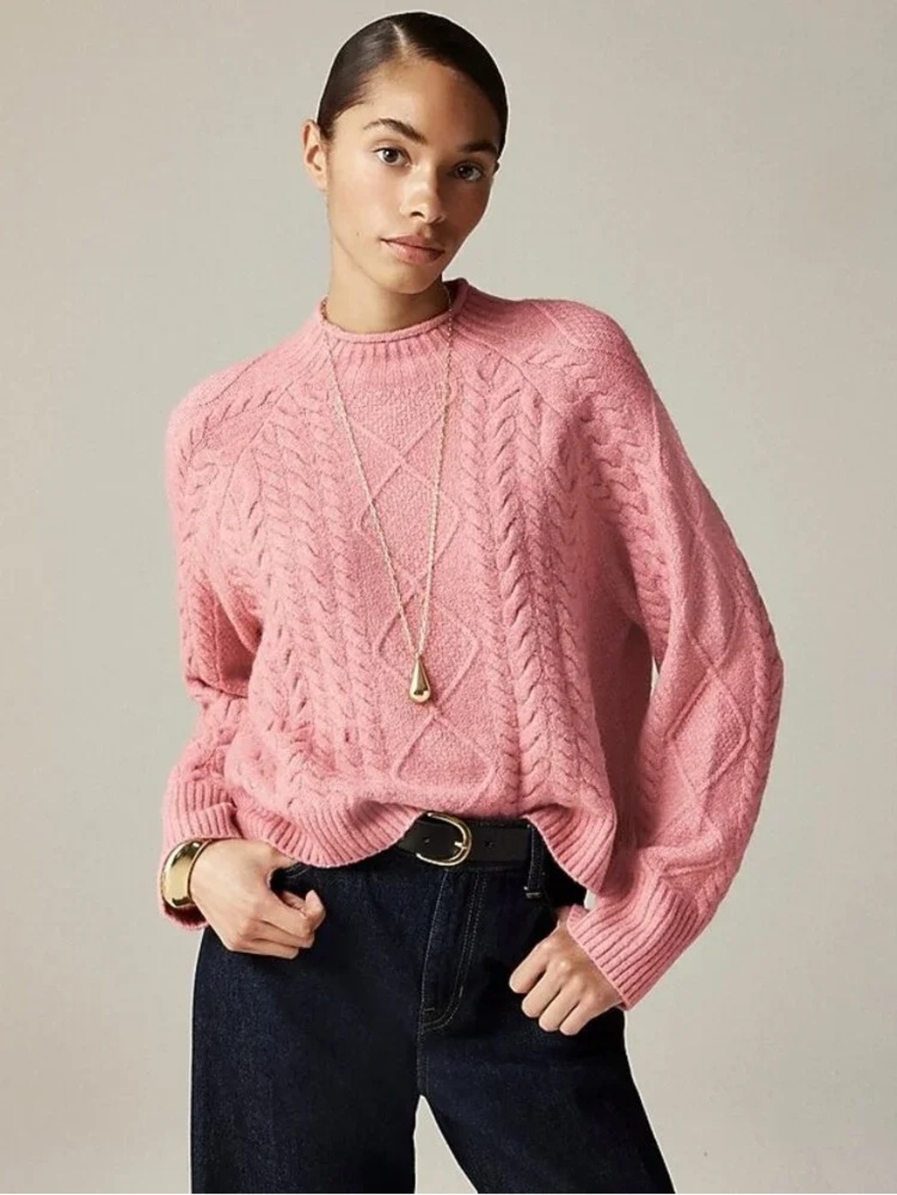 J.Crew Women's Medium Pink Cable-knit Rollneck Sweater In Supersoft Yarn‎